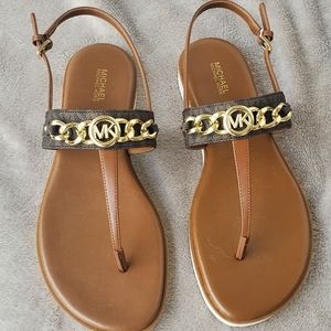 Michael Kors Brown Logo Gold Chain Sandals Size 9.5